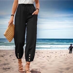 Black Pocket-Tie Waist, button accent lightweight cotton blend pants size L nwt